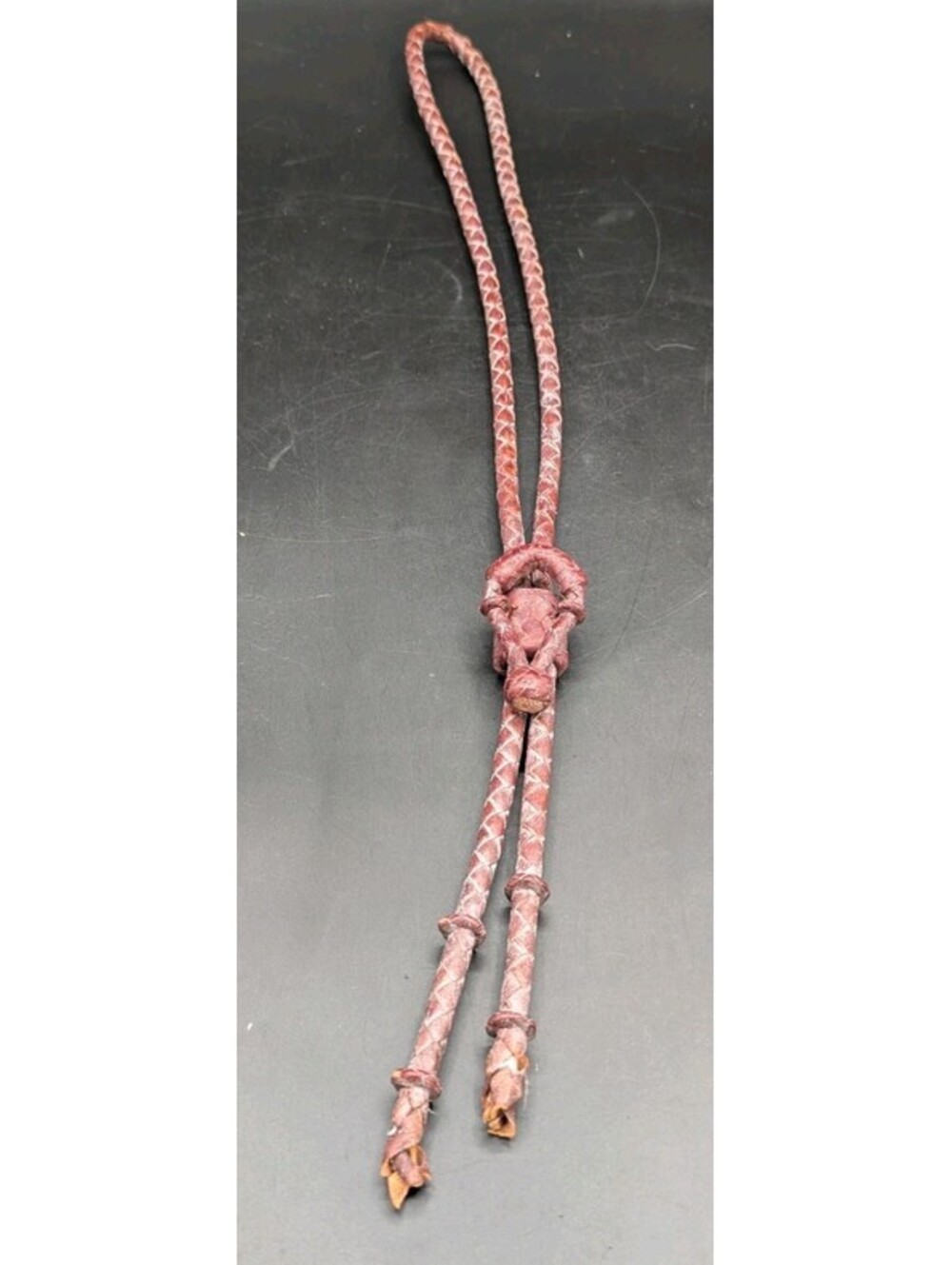 Vintage Bolo Tie Leather Hand-Tooled Braided Brown Knotted Slide READ